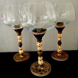 2 Saints Rare Vintage Wine Glasses 3 pc with metal and stone Decorated